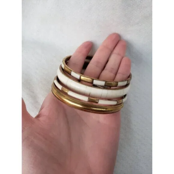 Brass w Bone Inlay Stackable Layering Bangle Bracelet Vintage - Picture 3 of 7